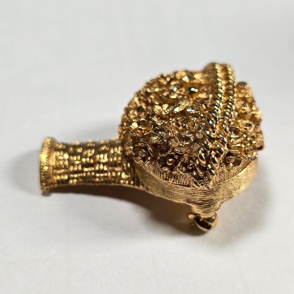 Avon Flower Basket Brooch Solid Perfume Locket Pin Signed Gold Toned Vintage 70s - Picture 2 of 10